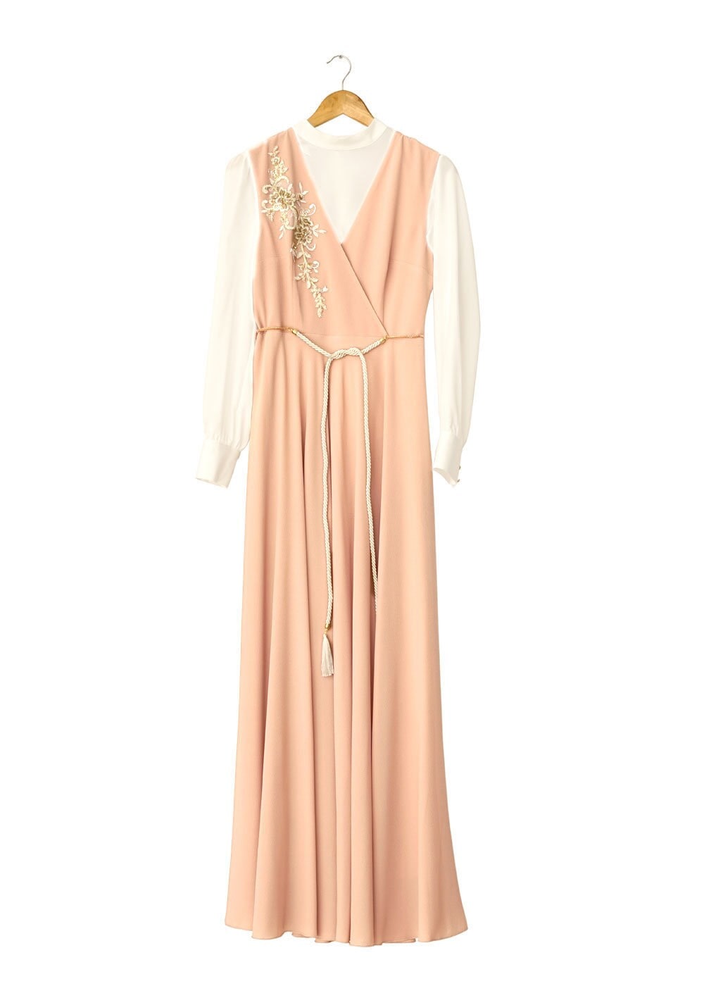 Tesettür giyim BEJ NAKIŞ DETAYLI ELBİSELİ TAKIM 4687