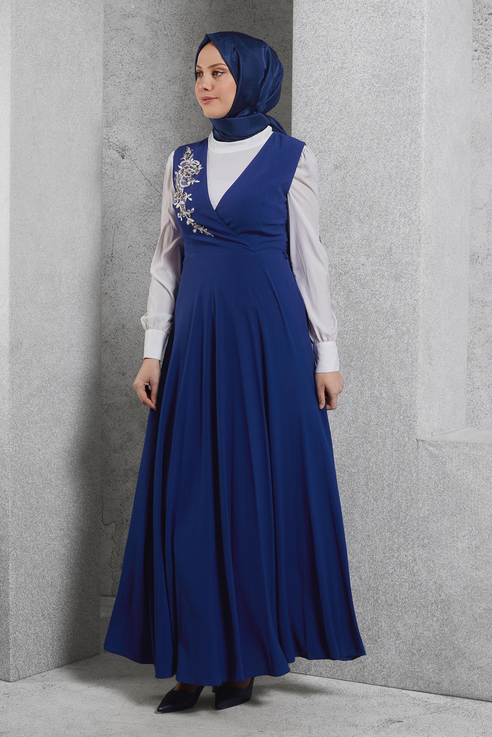 Tesettür giyim LACİVERT NAKIŞ DETAYLI ELBİSELİ TAKIM 4687