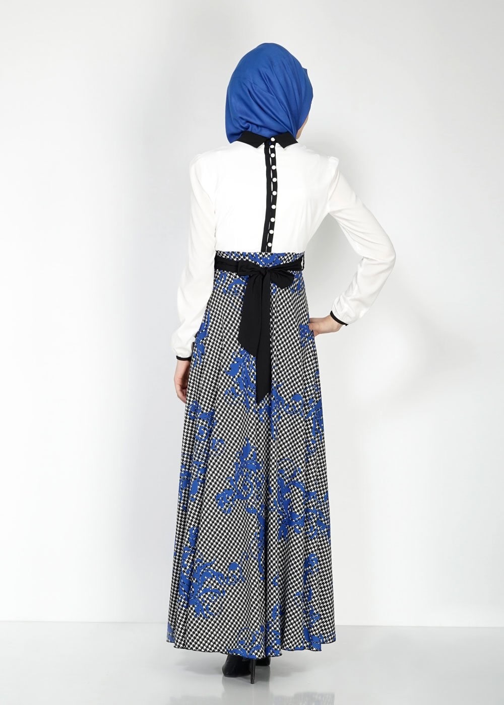 Tesettür giyim LACİVERT KAZAYAĞI DESENLİ DÜĞME DETAYLI KREP ELBİSE 4745 