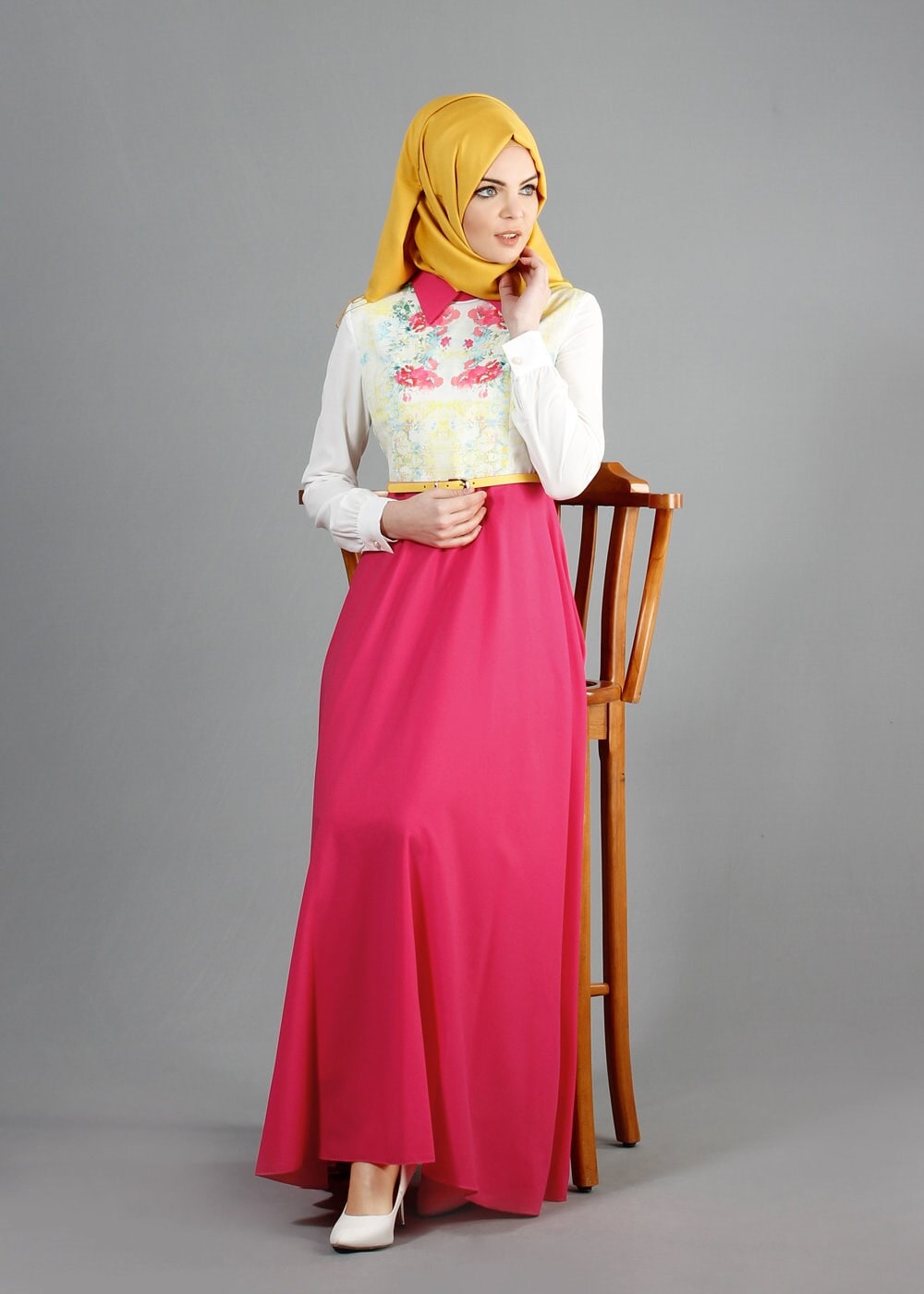 Tesettür giyim FUŞYA ÇİÇEK DESENLİ GÖMLEK YAKA ELBİSE 4870 