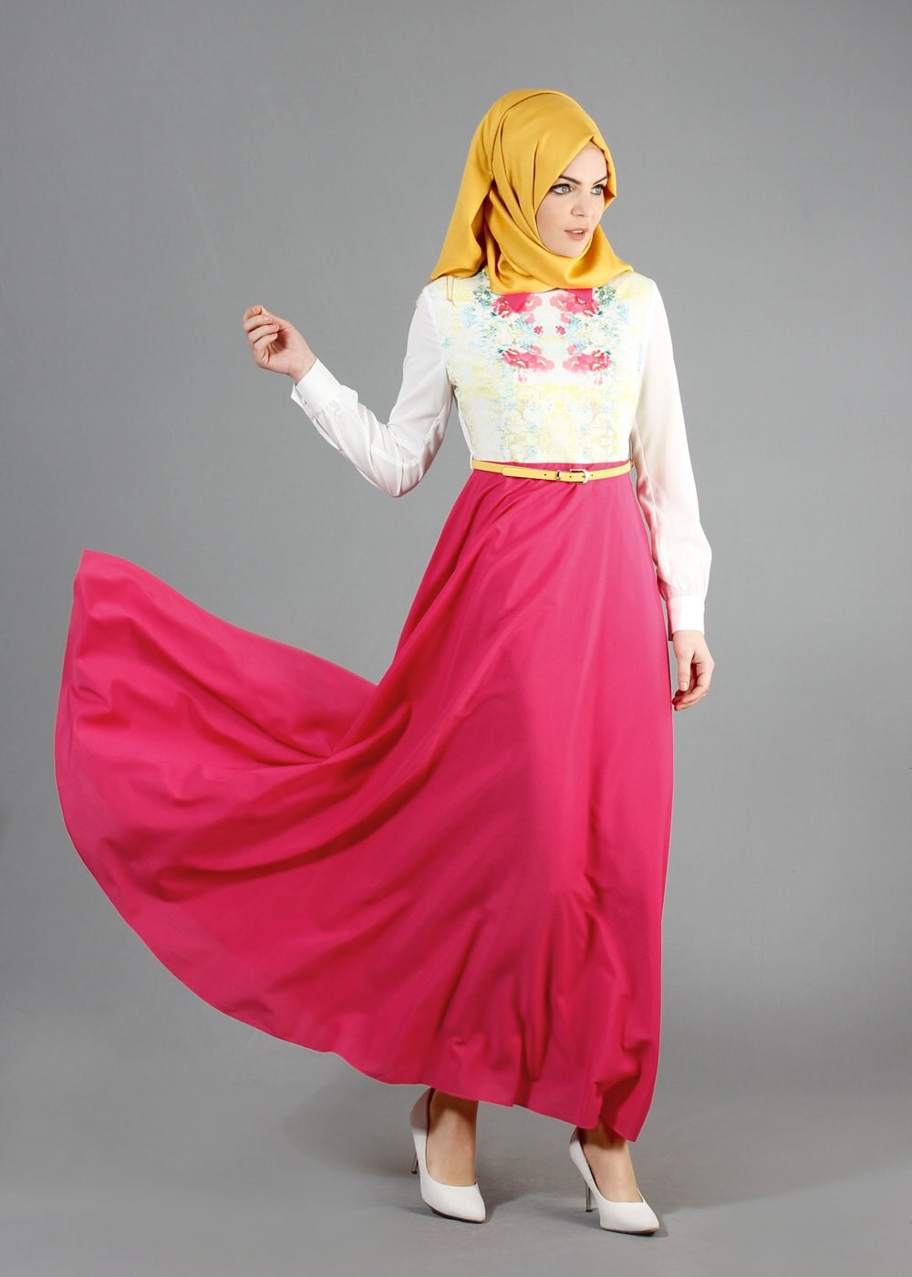 Tesettür giyim FUŞYA ÇİÇEK DESENLİ GÖMLEK YAKA ELBİSE 4870 