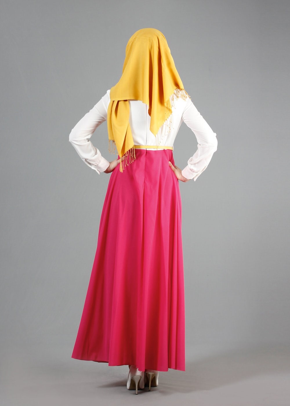 Tesettür giyim FUŞYA ÇİÇEK DESENLİ GÖMLEK YAKA ELBİSE 4870 