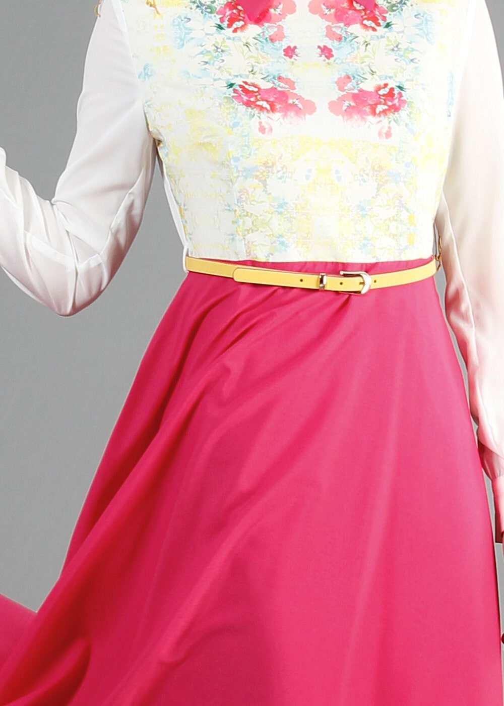 Tesettür giyim FUŞYA ÇİÇEK DESENLİ GÖMLEK YAKA ELBİSE 4870 