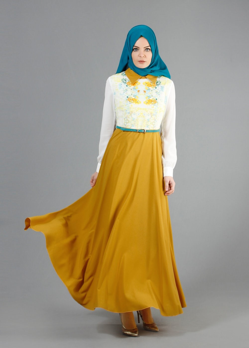 Tesettür giyim SARI ÇİÇEK DESENLİ GÖMLEK YAKA ELBİSE 4870 