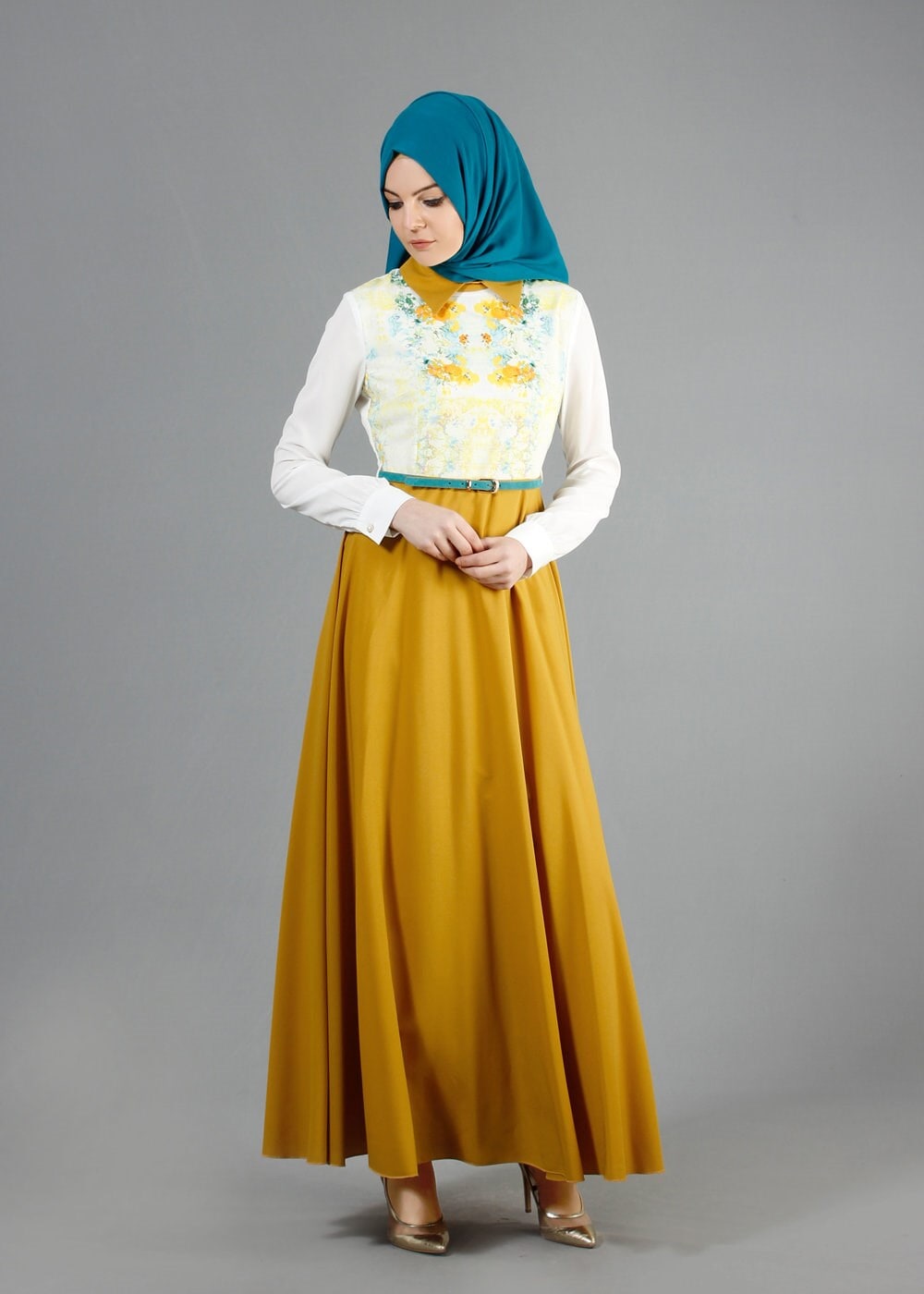 Tesettür giyim SARI ÇİÇEK DESENLİ GÖMLEK YAKA ELBİSE 4870 