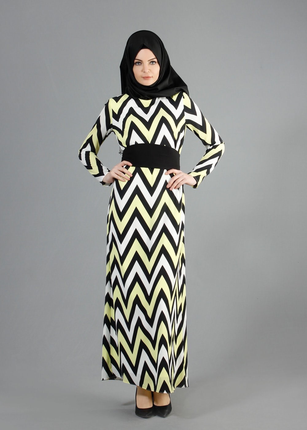 Tesettür giyim SARI ZİKZAK DESENLİ KREP ELBİSE 4887