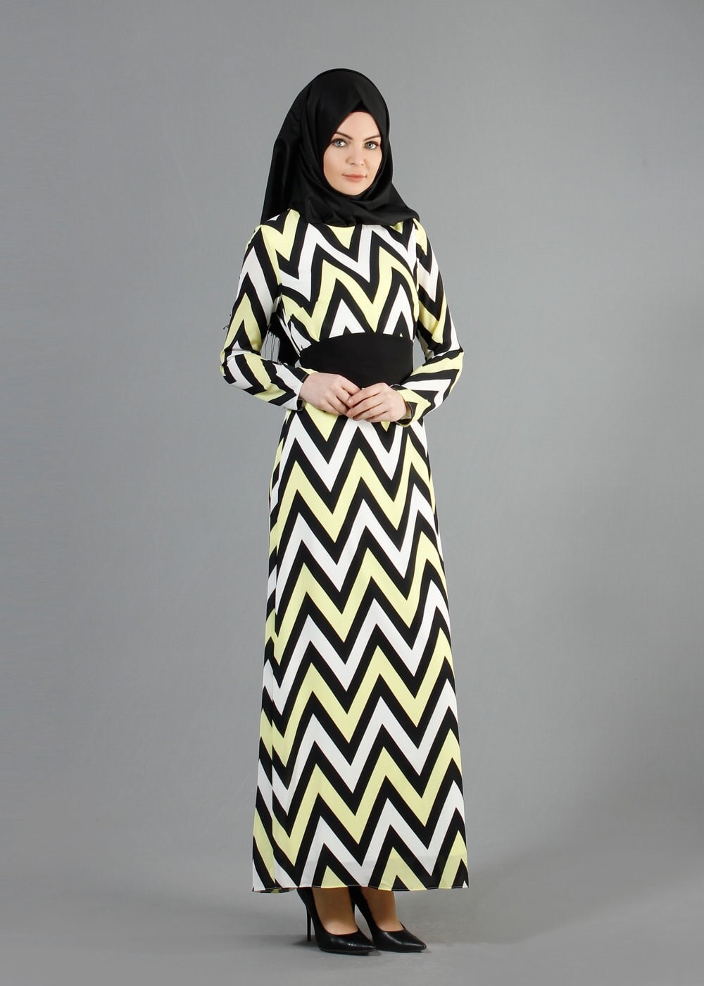 Tesettür giyim SARI ZİKZAK DESENLİ KREP ELBİSE 4887