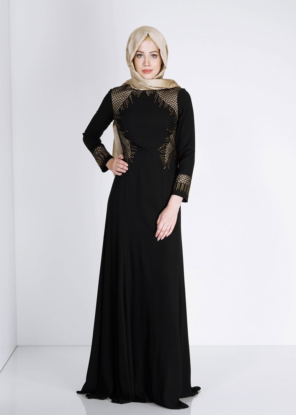 Tesettür giyim SİYAH FİLE DETAYLI TAŞ İŞLEMELİ ABİYE ELBİSE 5105