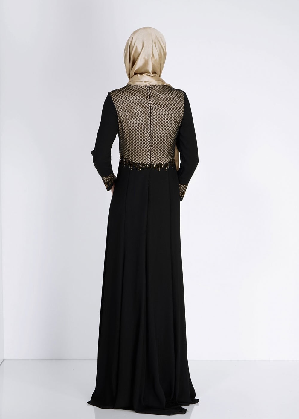 Tesettür giyim SİYAH FİLE DETAYLI TAŞ İŞLEMELİ ABİYE ELBİSE 5105