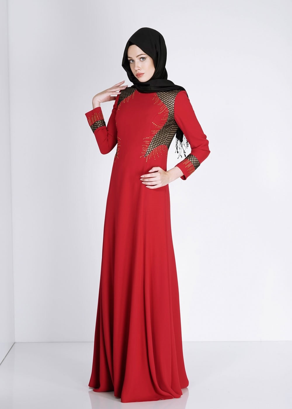 Tesettür giyim KIRMIZI FİLE DETAYLI TAŞ İŞLEMELİ ABİYE ELBİSE 5105