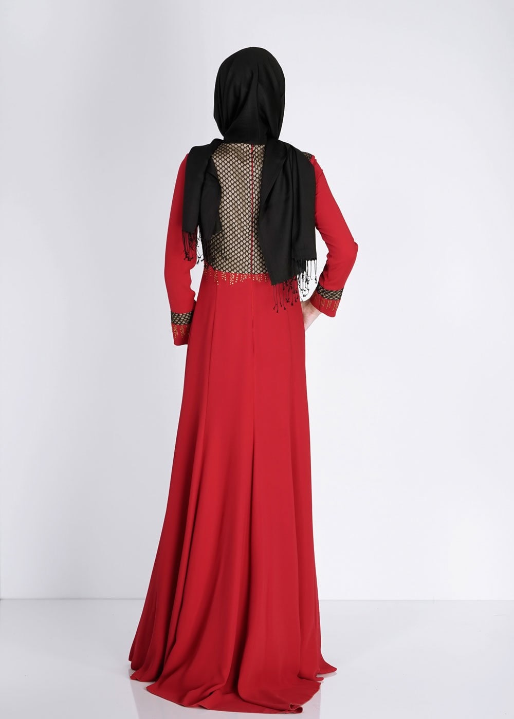 Tesettür giyim KIRMIZI FİLE DETAYLI TAŞ İŞLEMELİ ABİYE ELBİSE 5105