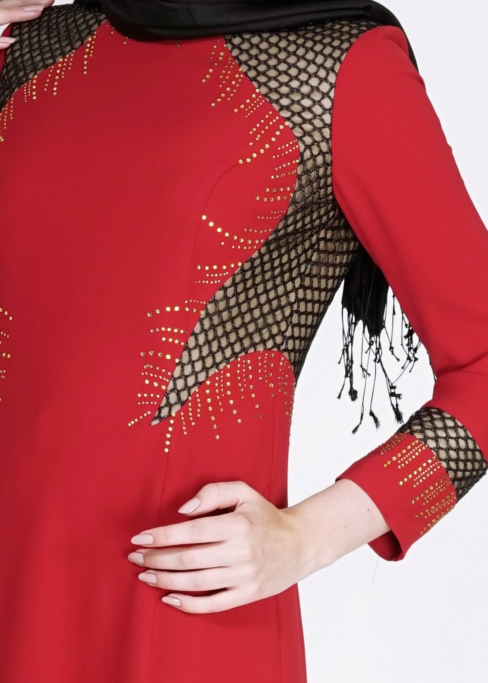 Tesettür giyim KIRMIZI FİLE DETAYLI TAŞ İŞLEMELİ ABİYE ELBİSE 5105