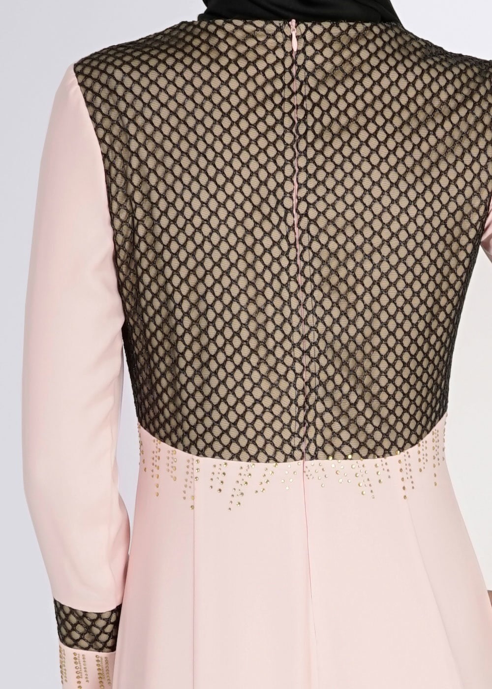 Tesettür giyim PUDRA FİLE DETAYLI TAŞ İŞLEMELİ ABİYE ELBİSE 5105