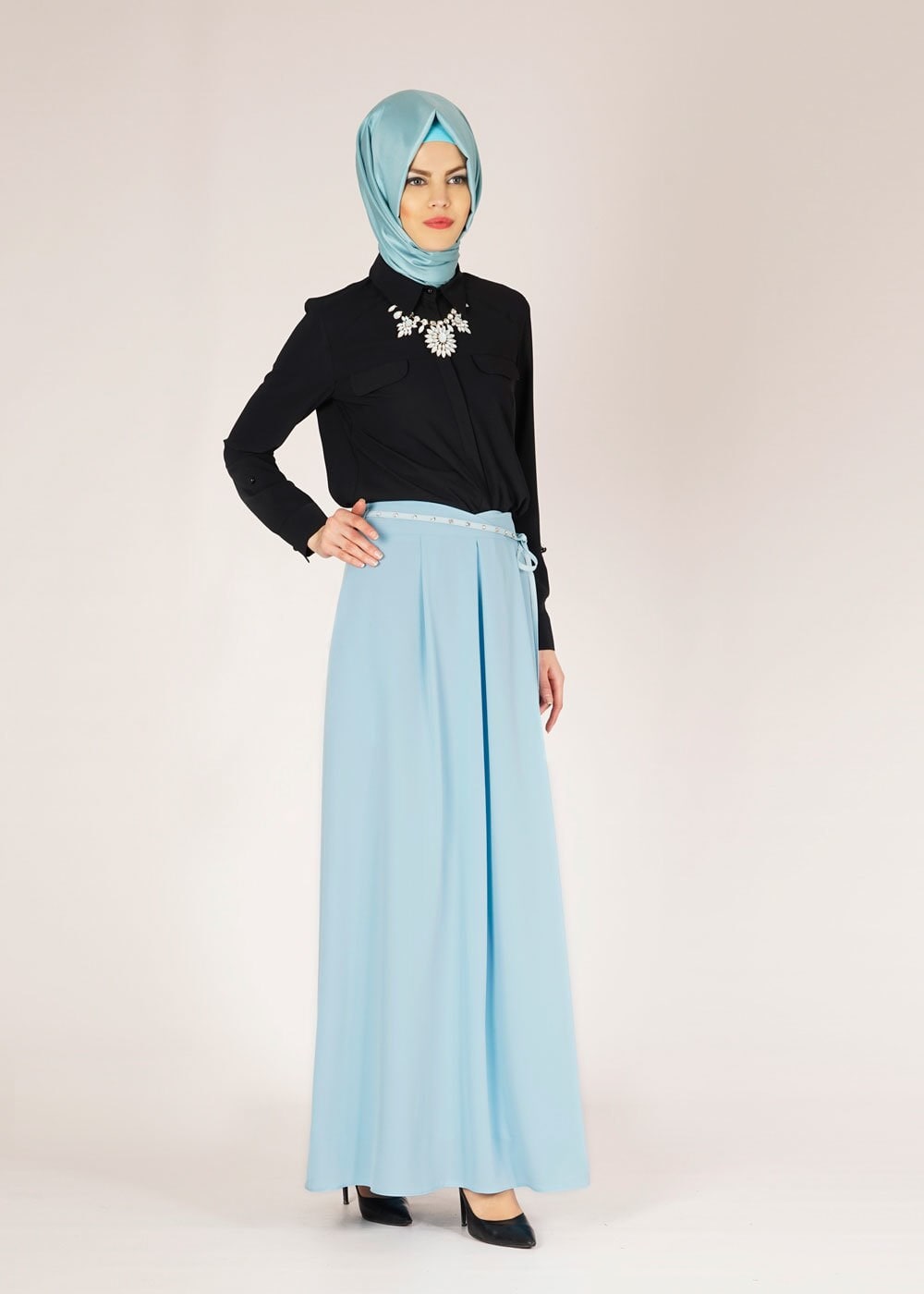 Tesettür giyim MAVİ DÜZ KESİM PİLİSELİ ETEK 6664 