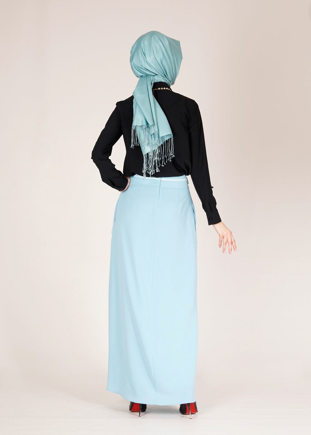 Tesettür giyim MAVİ DÜZ KESİM PİLİSELİ ETEK 6664 