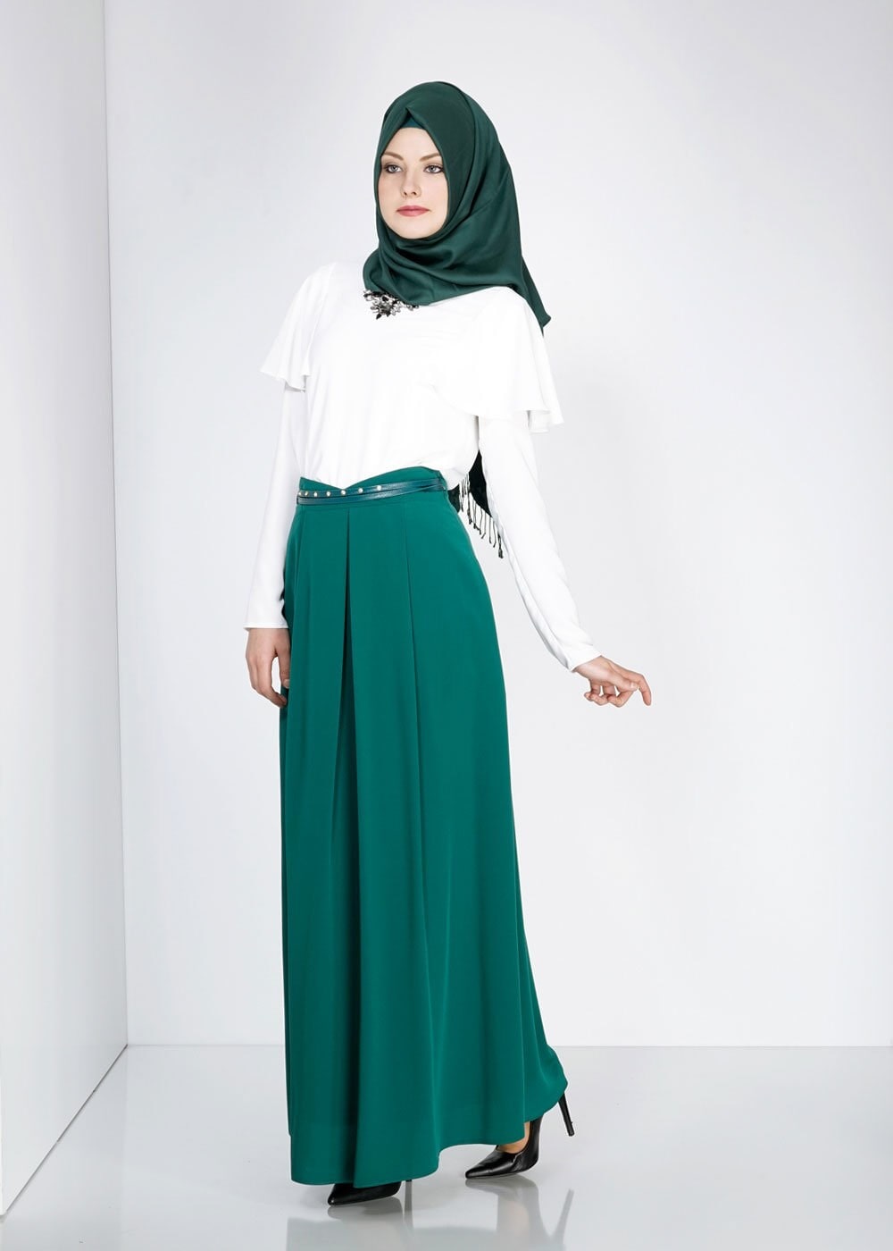 Tesettür giyim YEŞİL DÜZ KESİM PİLİSELİ ETEK 6664 