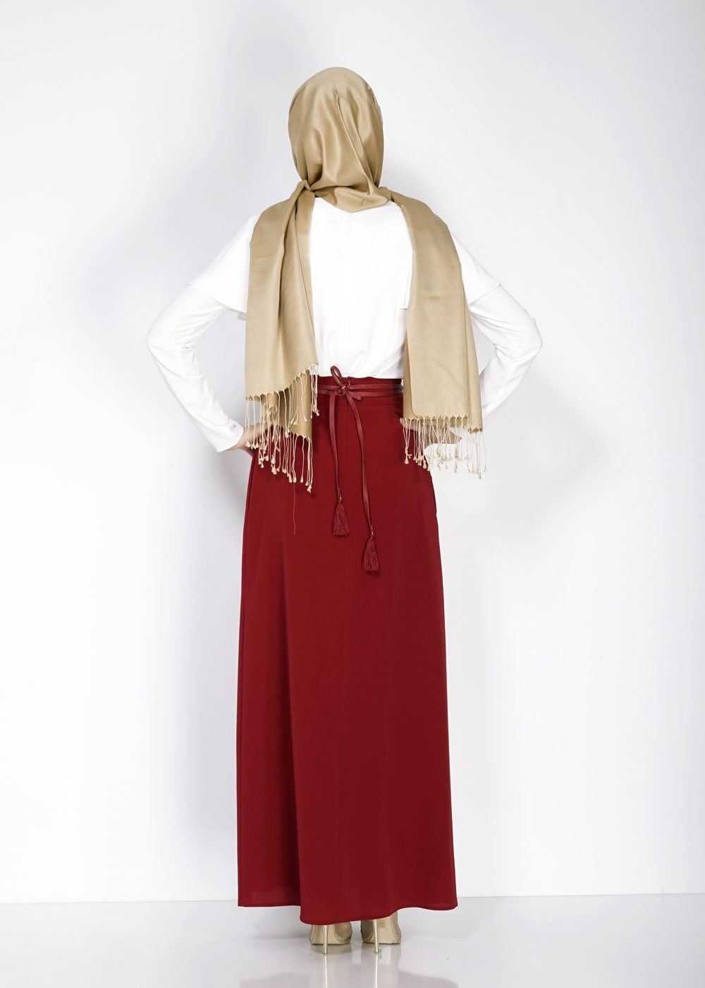 Tesettür giyim BORDO DÜZ KESİM PİLİSELİ ETEK 6664 