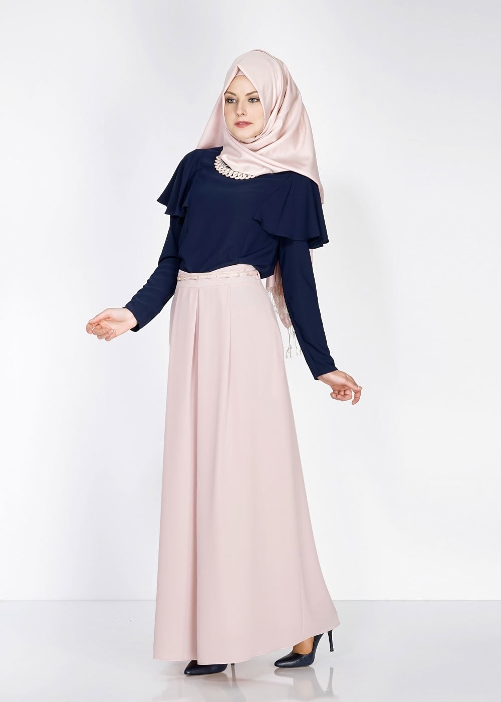 Tesettür giyim PUDRA DÜZ KESİM PİLİSELİ ETEK 6664 