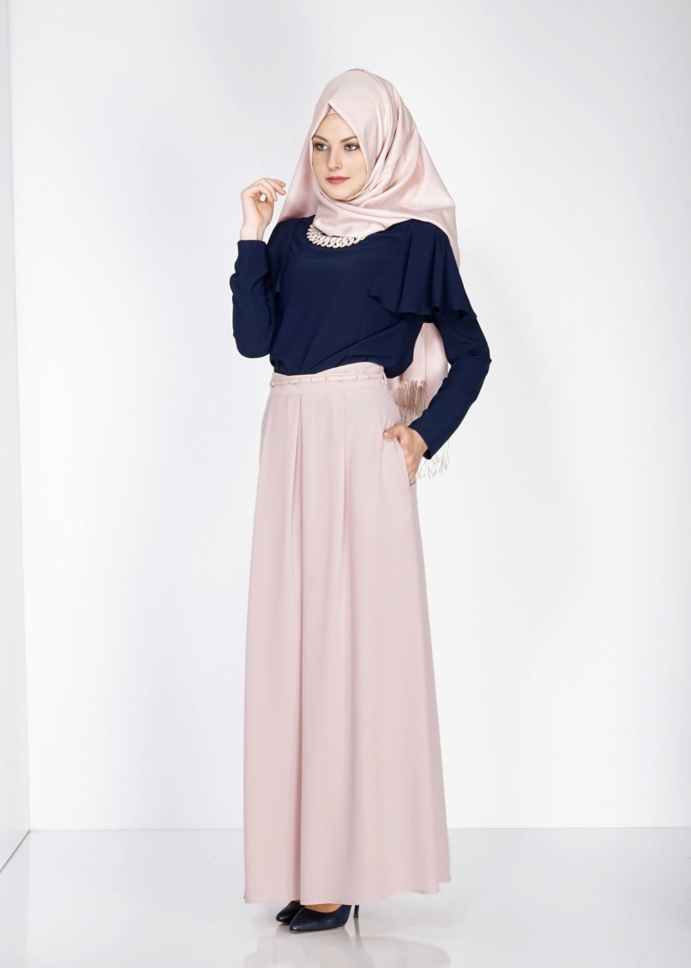 Tesettür giyim PUDRA DÜZ KESİM PİLİSELİ ETEK 6664 