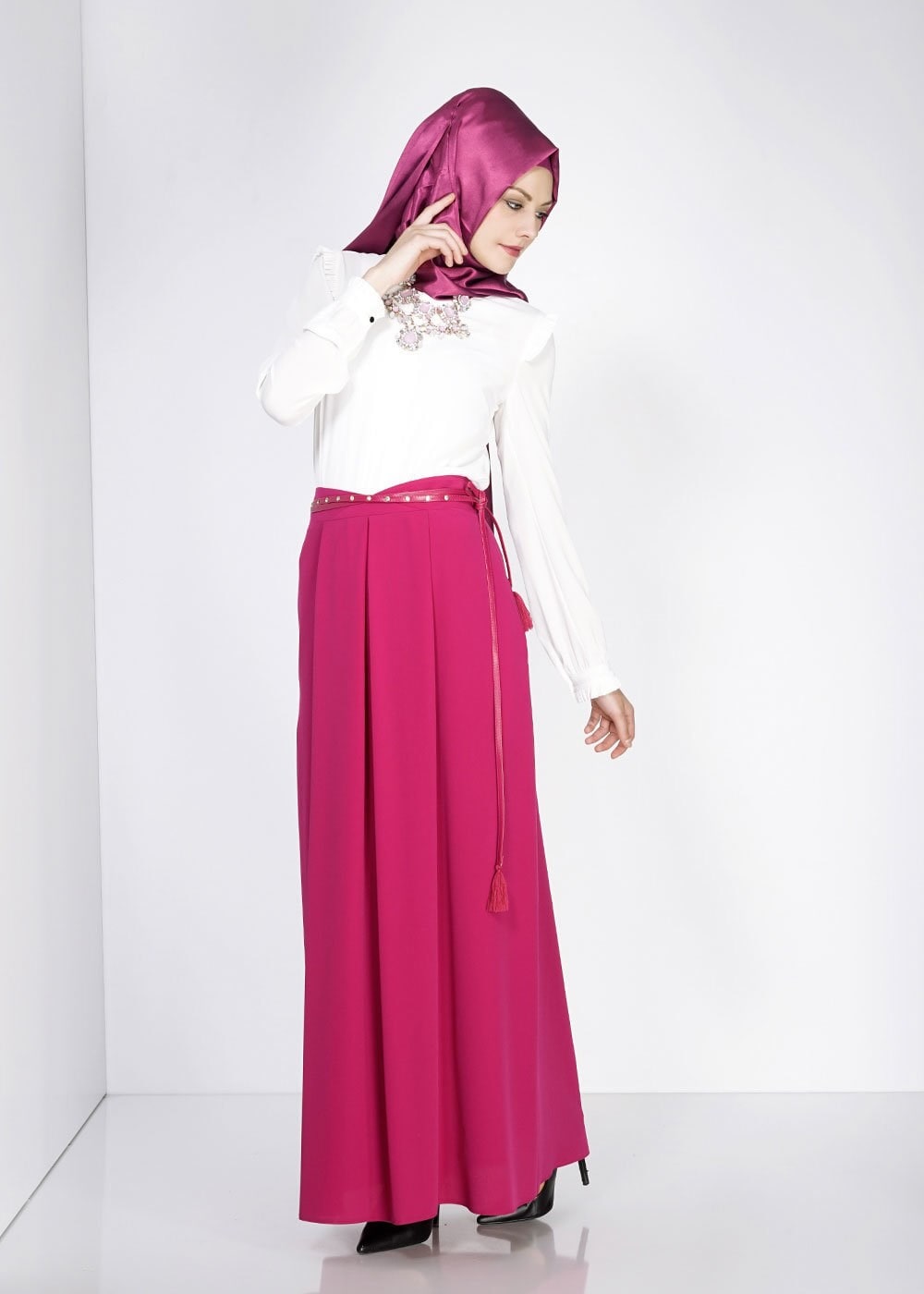 Tesettür giyim MOR DÜZ KESİM PİLİSELİ ETEK 6664 