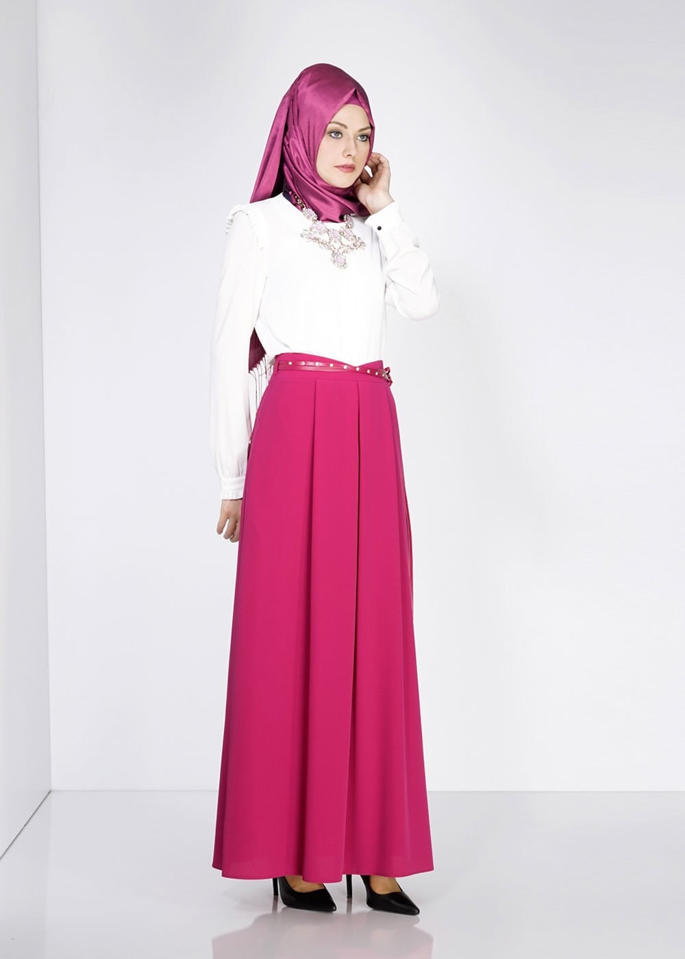 Tesettür giyim MOR DÜZ KESİM PİLİSELİ ETEK 6664 