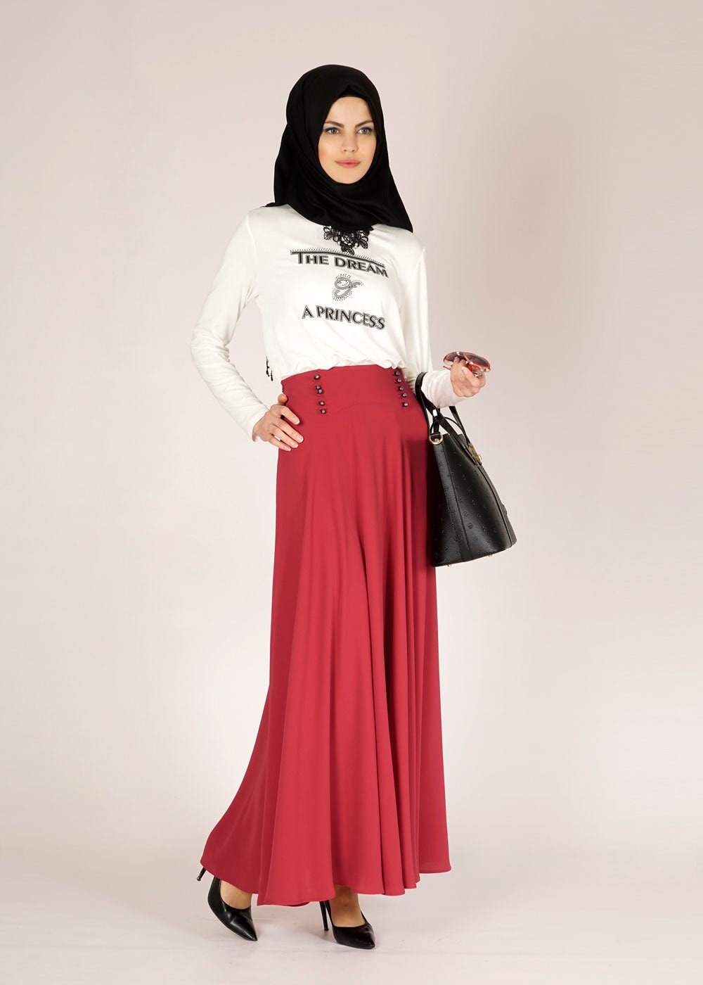 Tesettür giyim KIRMIZI DÜĞME DETAYLI VOLANLI ETEK 6671