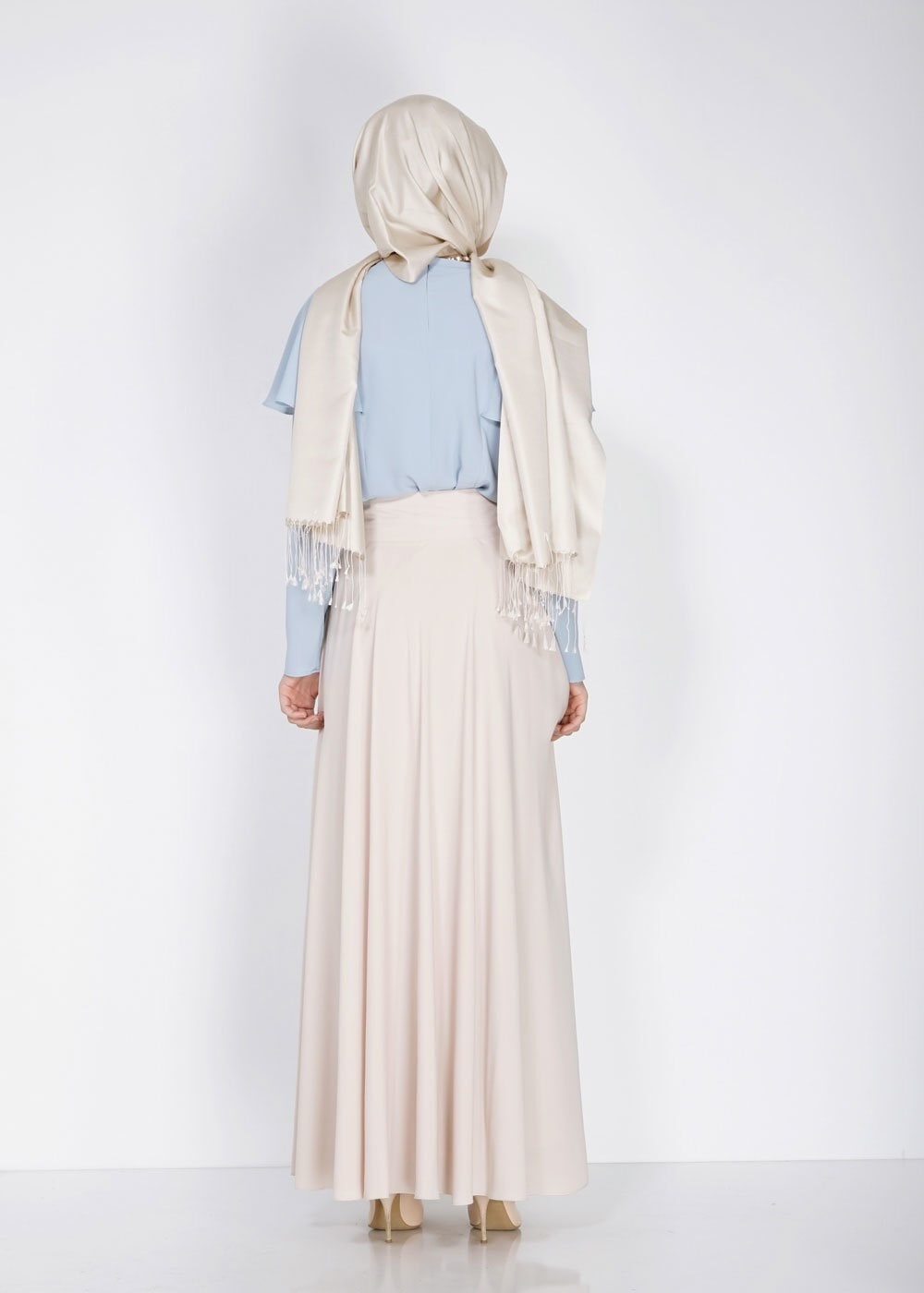 Tesettür giyim BEJ DÜĞME DETAYLI VOLANLI ETEK 6671