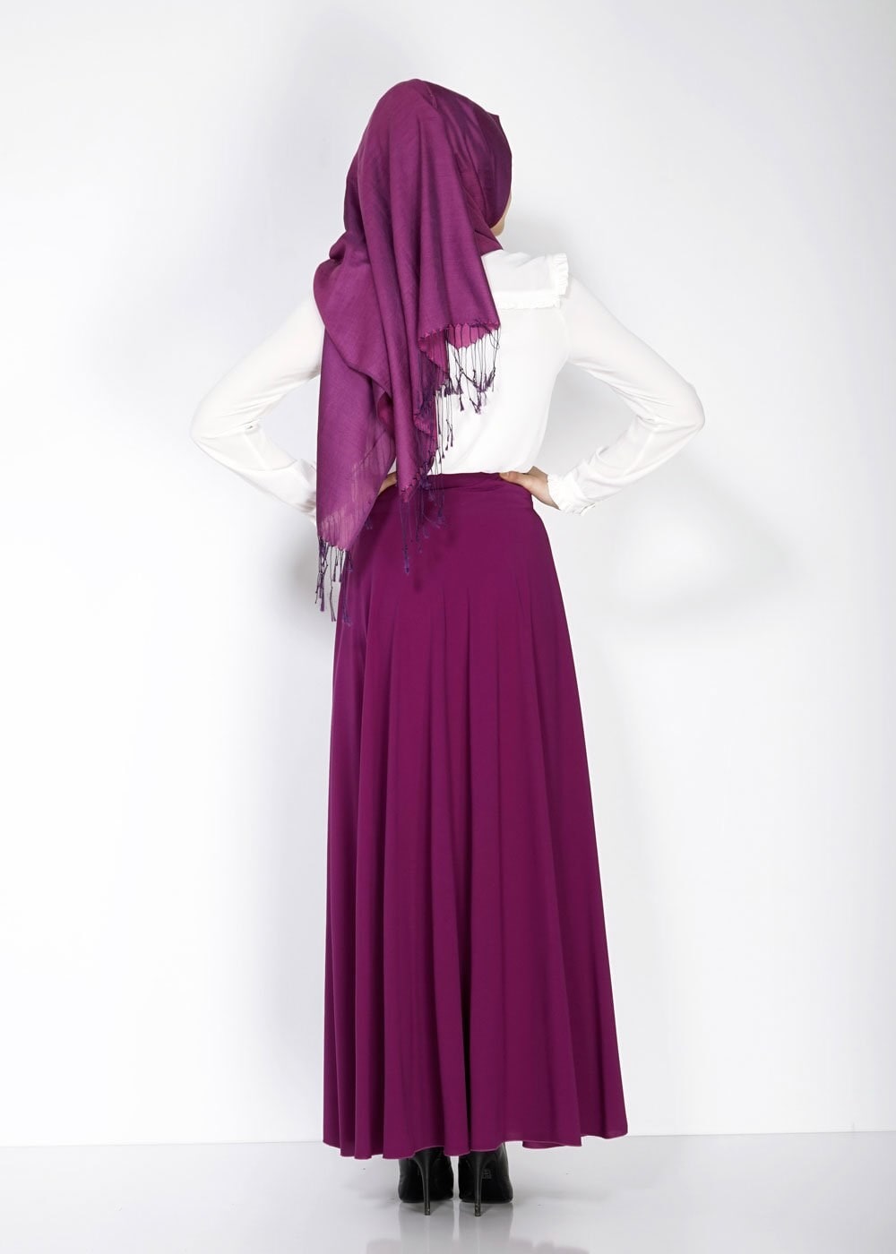 Tesettür giyim MOR DÜĞME DETAYLI VOLANLI ETEK 6671