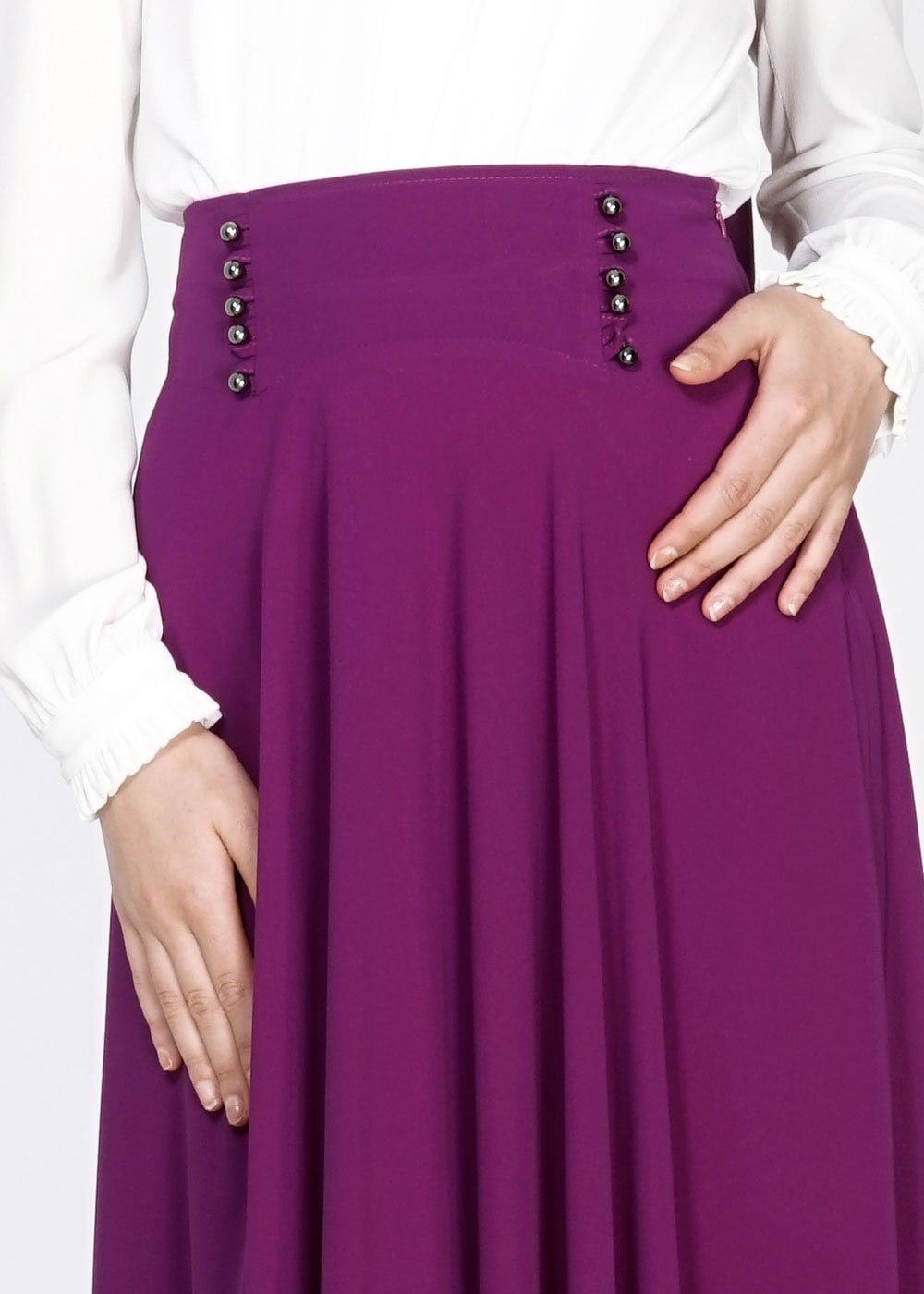 Tesettür giyim MOR DÜĞME DETAYLI VOLANLI ETEK 6671