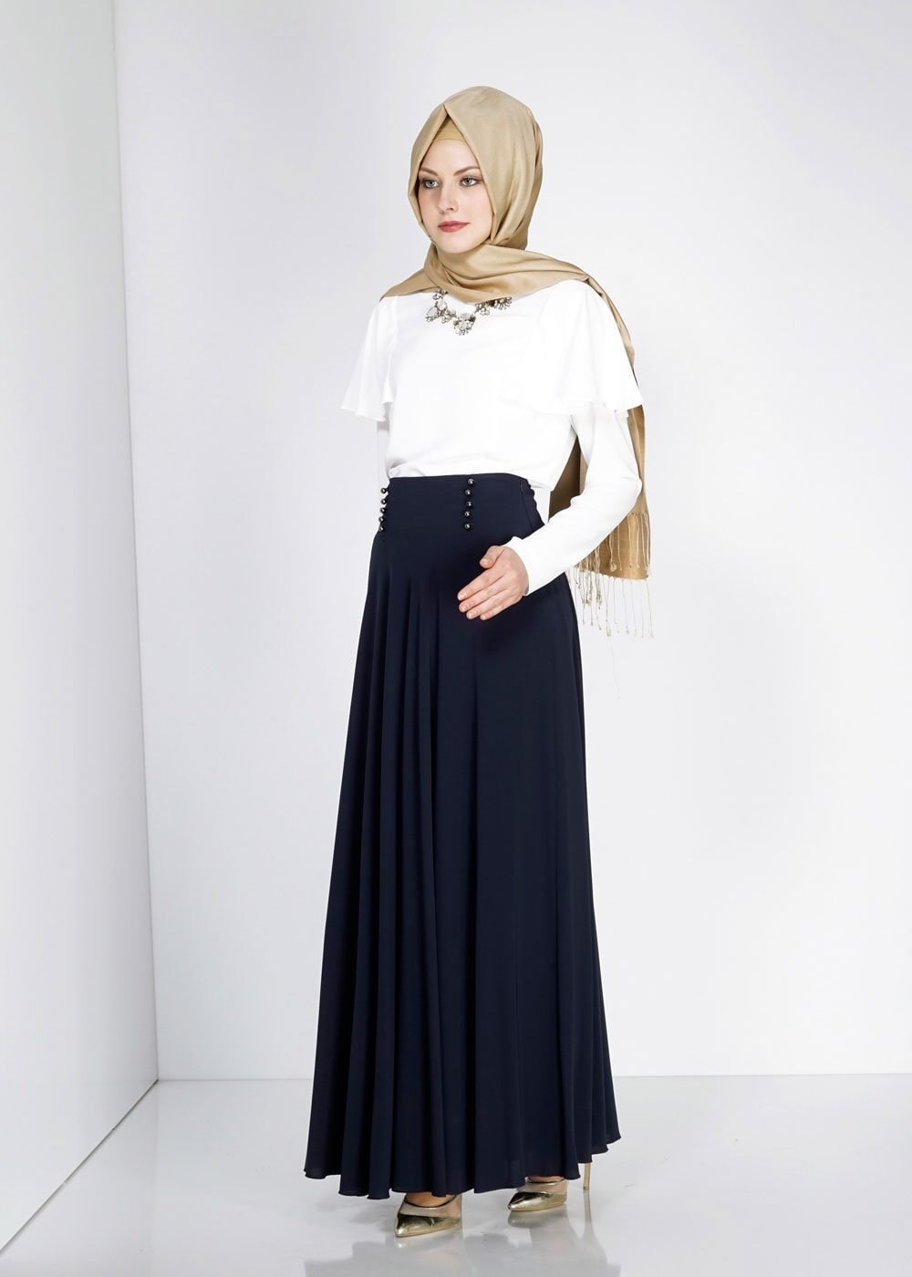 Tesettür giyim LACİVERT DÜĞME DETAYLI VOLANLI ETEK 6671