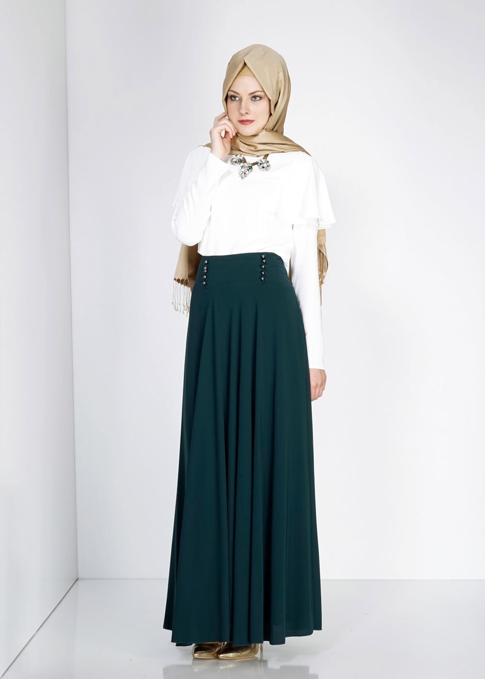 Tesettür giyim MAVİ DÜĞME DETAYLI VOLANLI ETEK 6671