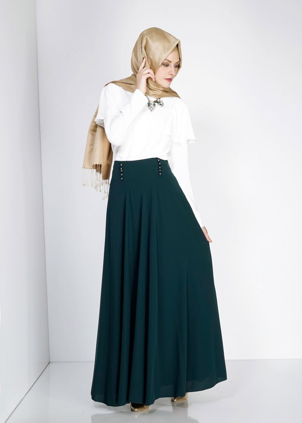 Tesettür giyim MAVİ DÜĞME DETAYLI VOLANLI ETEK 6671