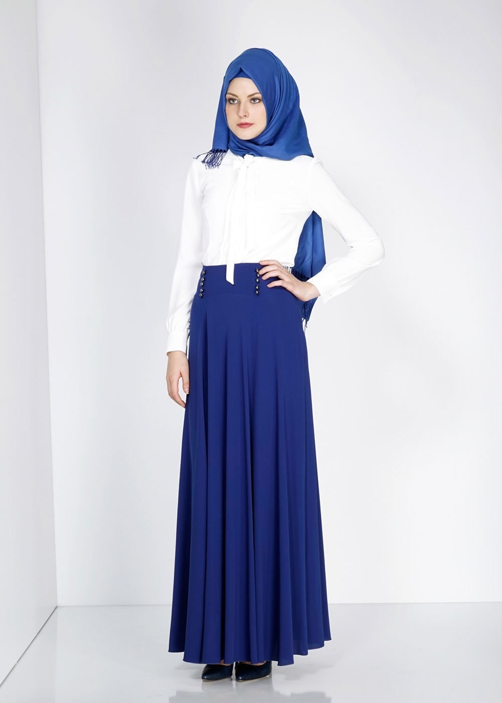 Tesettür giyim MAVİ DÜĞME DETAYLI VOLANLI ETEK 6671
