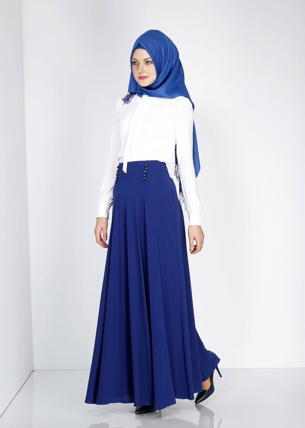 Tesettür giyim MAVİ DÜĞME DETAYLI VOLANLI ETEK 6671
