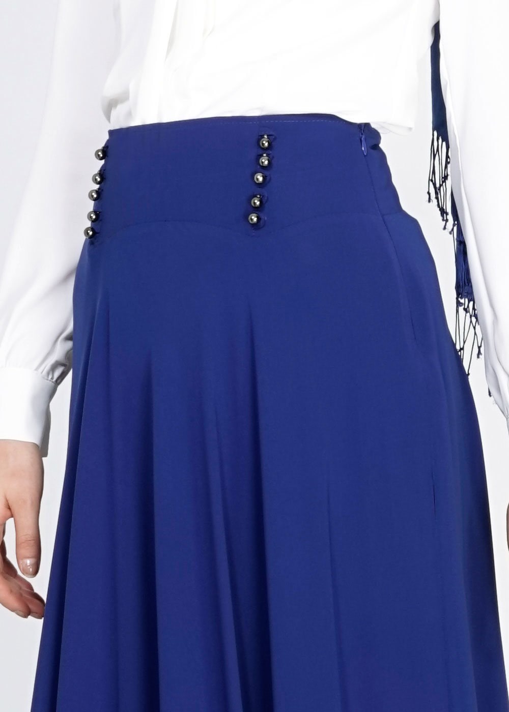 Tesettür giyim MAVİ DÜĞME DETAYLI VOLANLI ETEK 6671