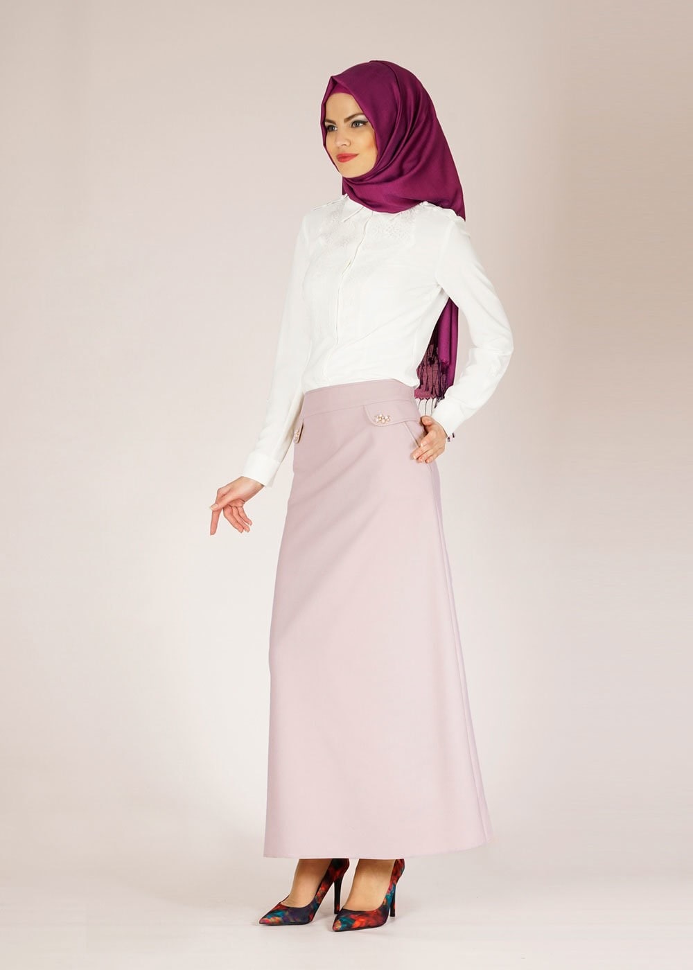 Tesettür giyim BEJ İNCİ DETAYLI A KESİM ETEK 6674 