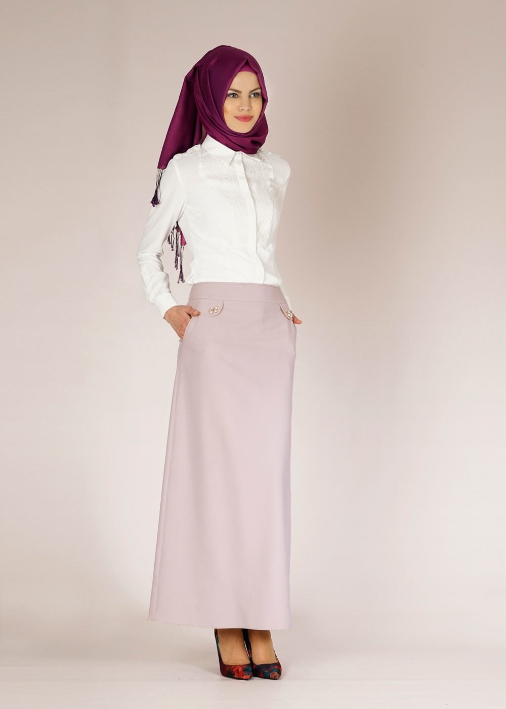 Tesettür giyim BEJ İNCİ DETAYLI A KESİM ETEK 6674 