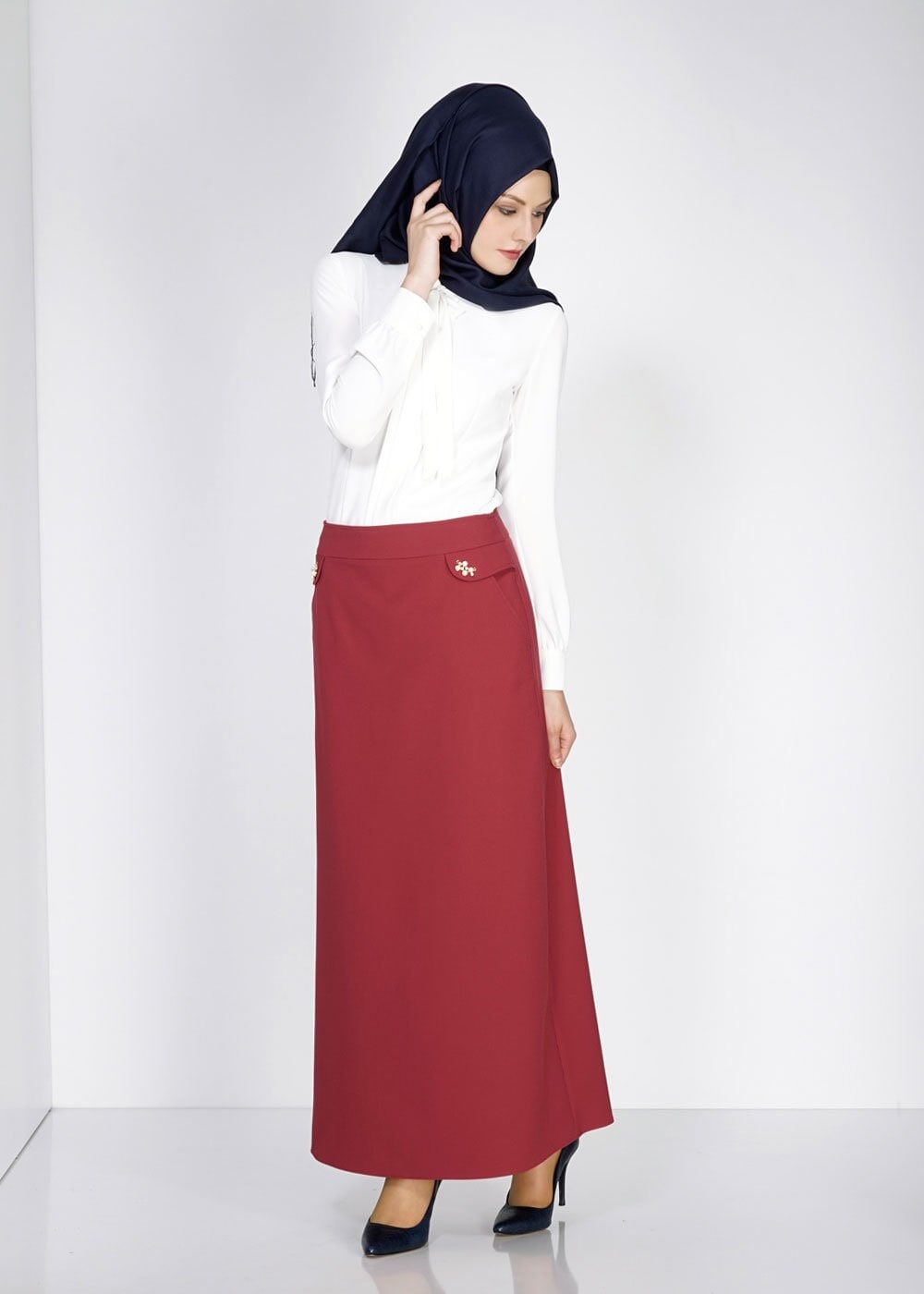 Tesettür giyim BORDO İNCİ DETAYLI A KESİM ETEK 6674 