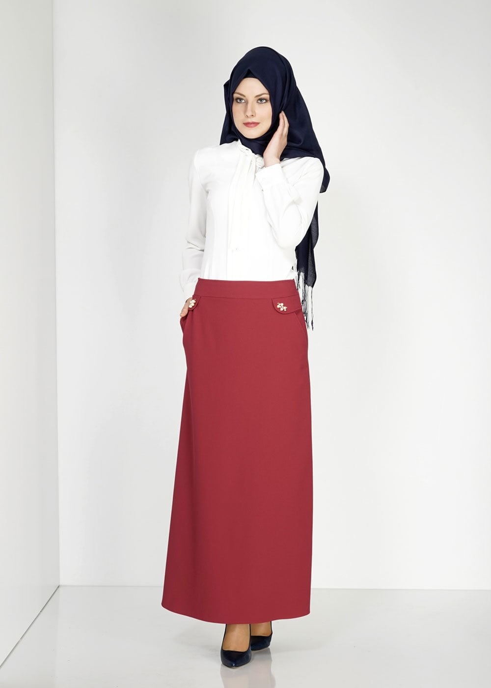 Tesettür giyim BORDO İNCİ DETAYLI A KESİM ETEK 6674 