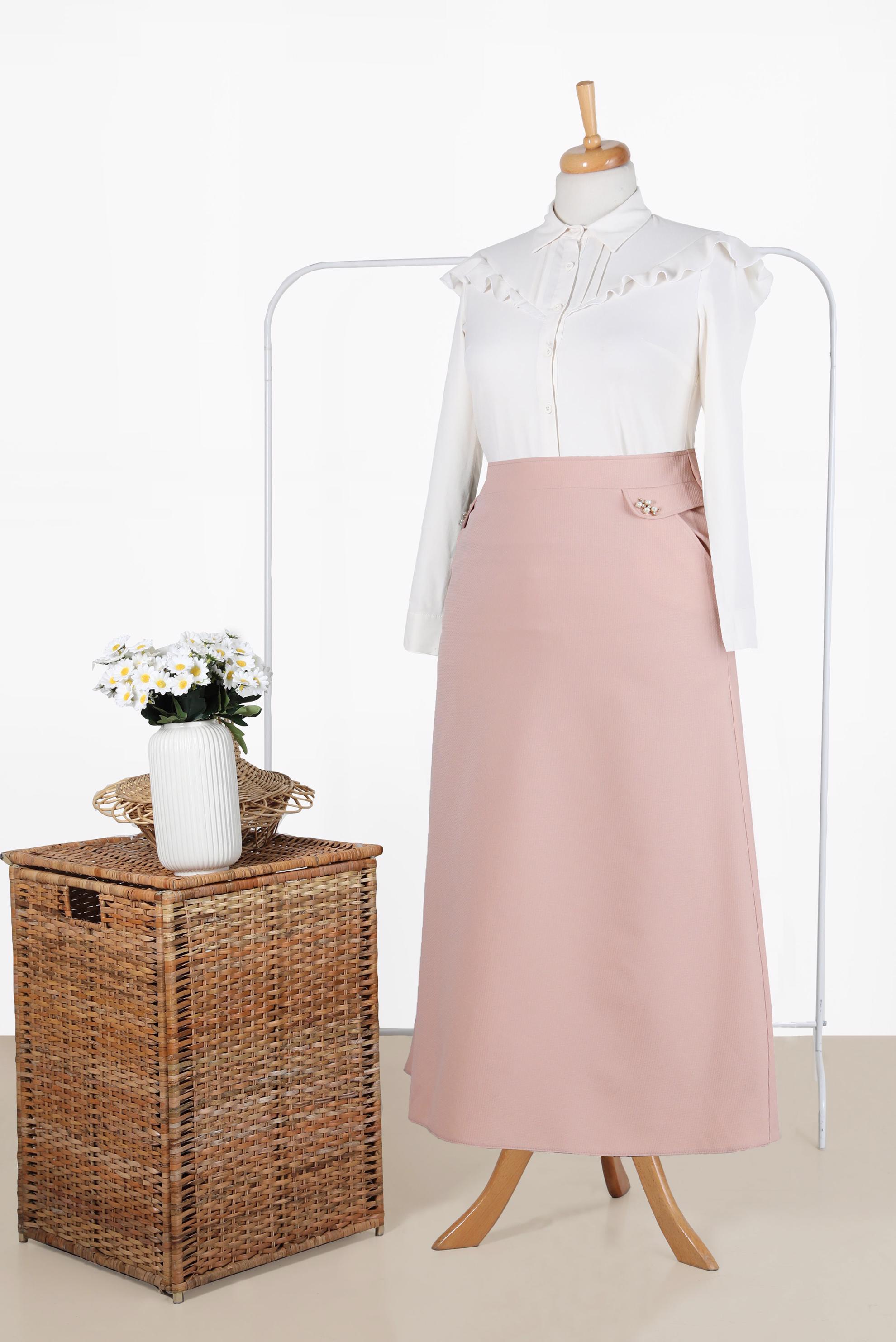 Tesettür giyim PUDRA İNCİ DETAYLI A KESİM ETEK 6674 