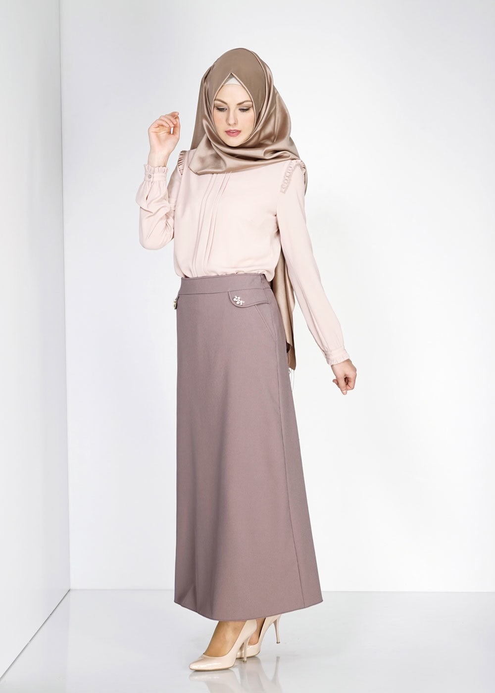 Tesettür giyim VİZON İNCİ DETAYLI A KESİM ETEK 6674 