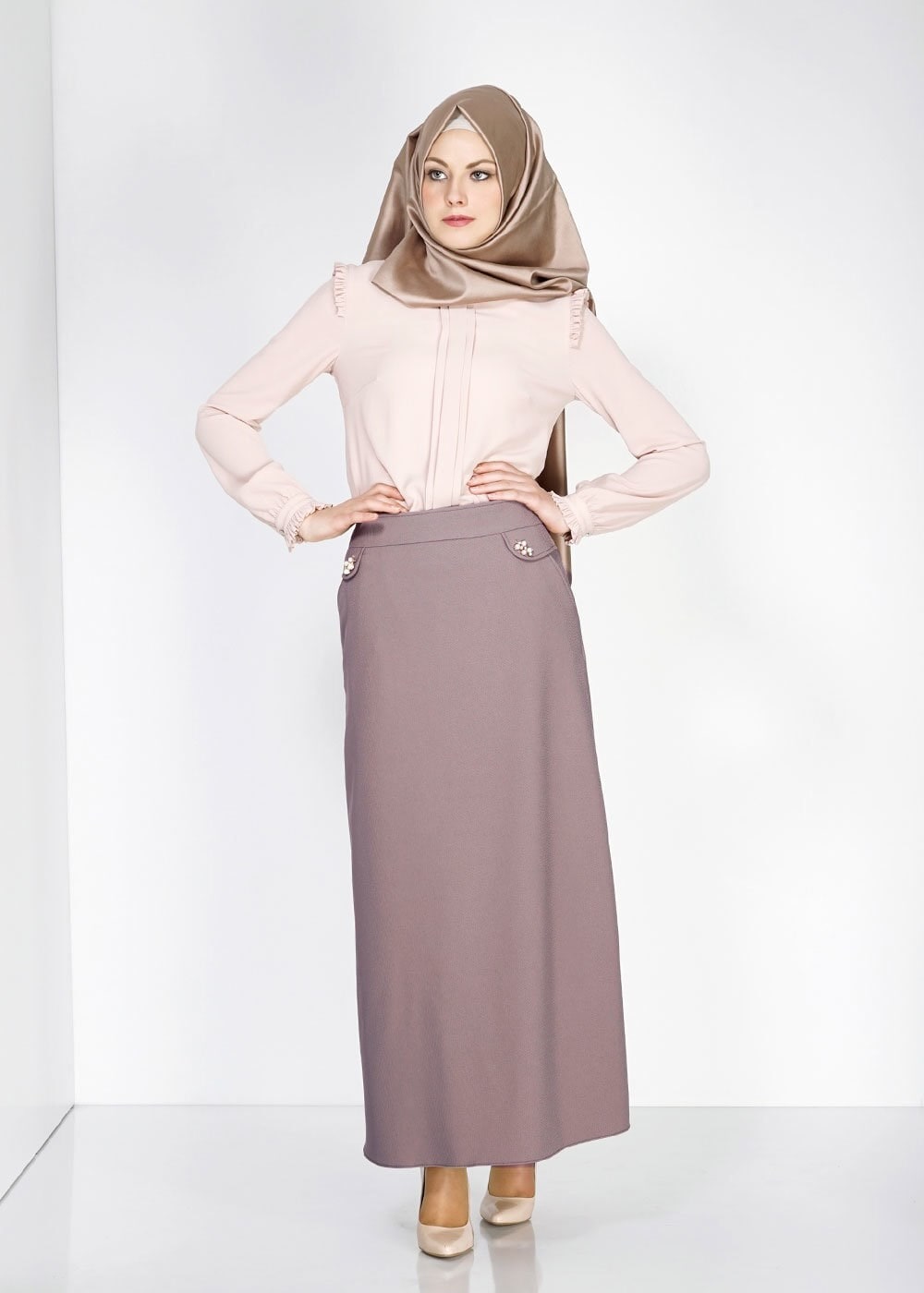 Tesettür giyim VİZON İNCİ DETAYLI A KESİM ETEK 6674 