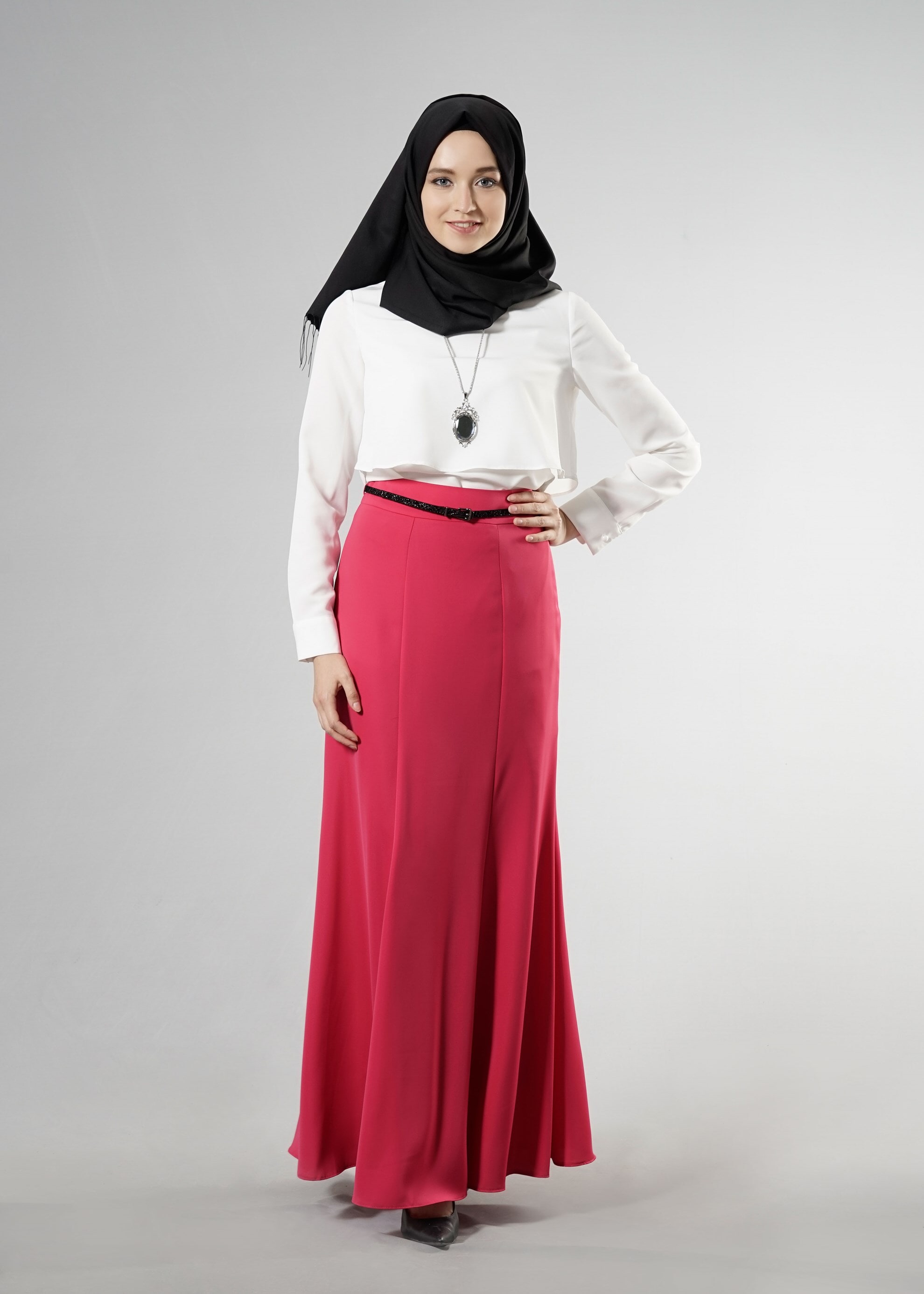 Tesettür giyim MOR VOLANLI DÜZ ETEK 6693