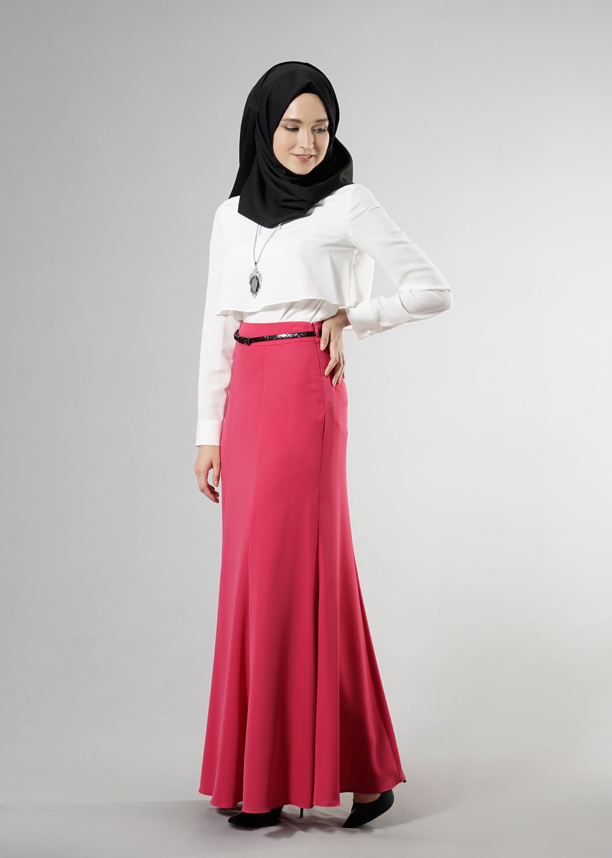 Tesettür giyim MOR VOLANLI DÜZ ETEK 6693