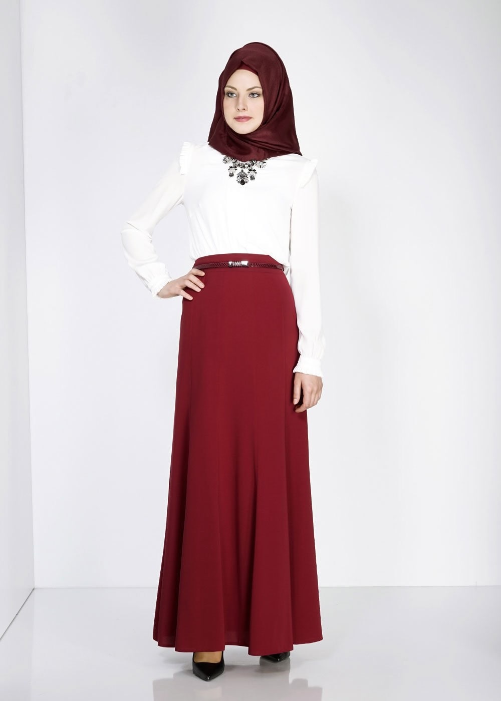 Tesettür giyim BORDO VOLANLI ETEK 6696