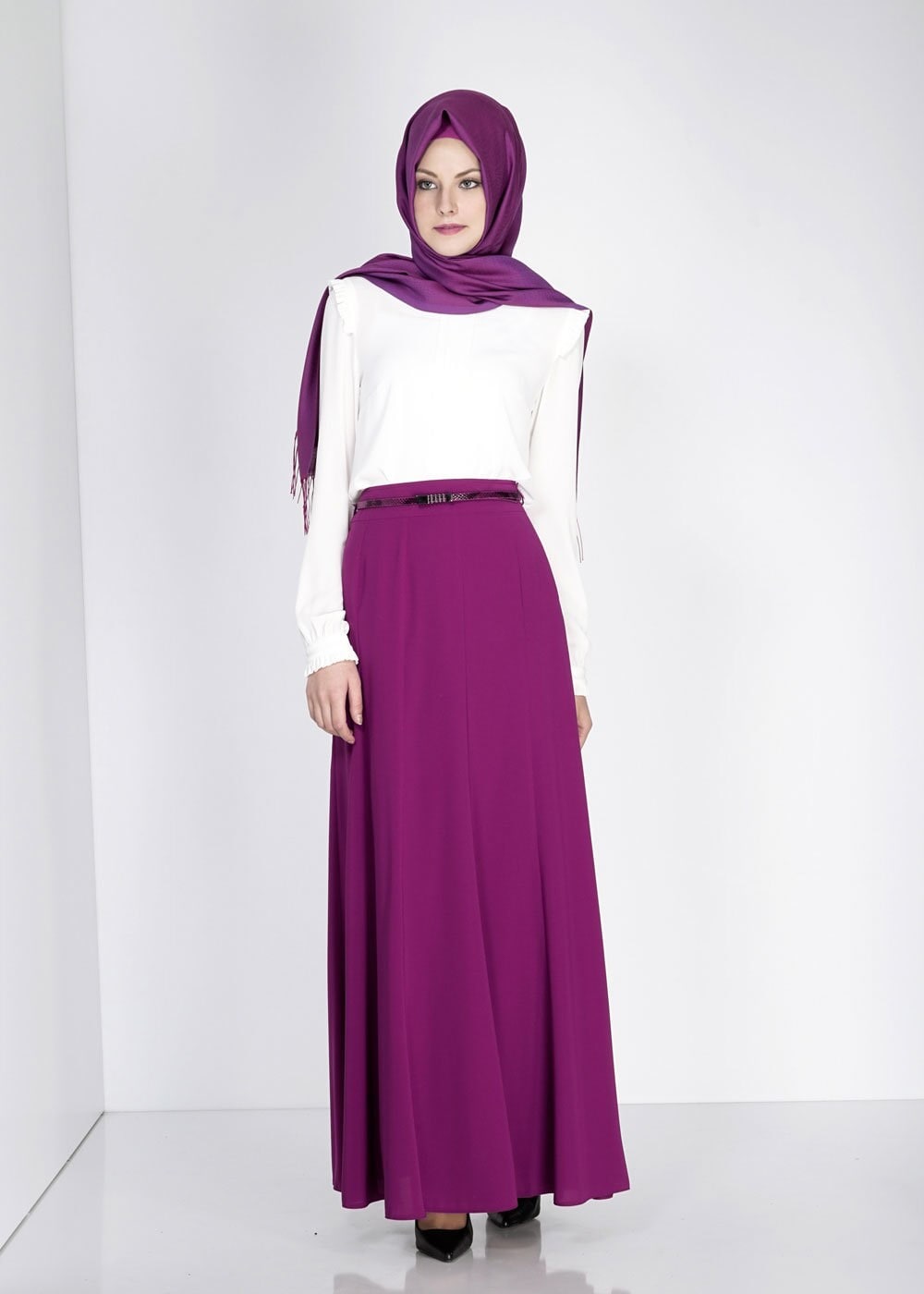 Tesettür giyim MOR VOLANLI ETEK 6696