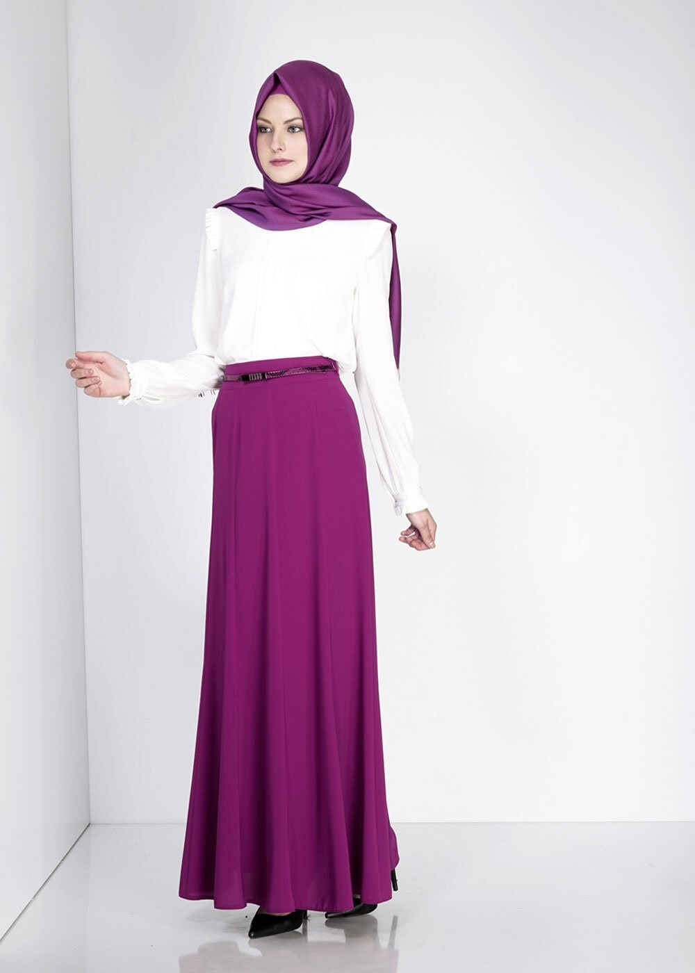 Tesettür giyim MOR VOLANLI ETEK 6696