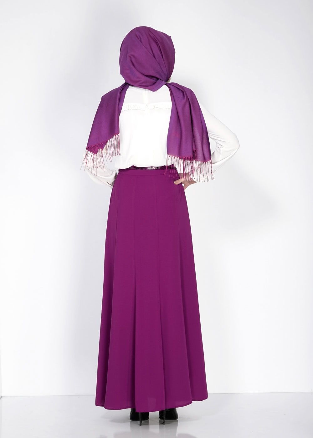 Tesettür giyim MOR VOLANLI ETEK 6696