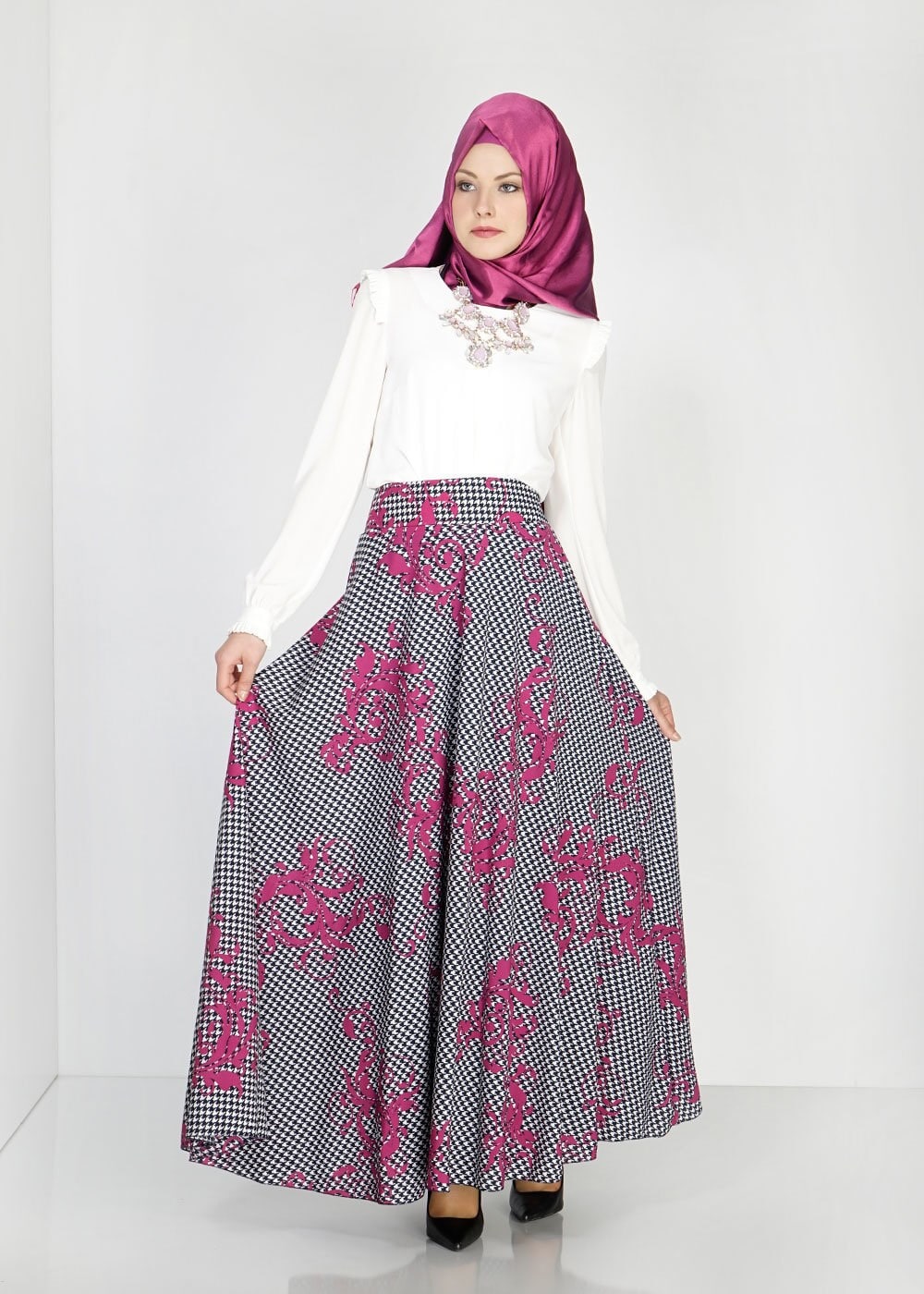 Tesettür giyim FUŞYA DESENLİ ARKASI BAĞLAMA DETAYLI KREP ETEK 6700