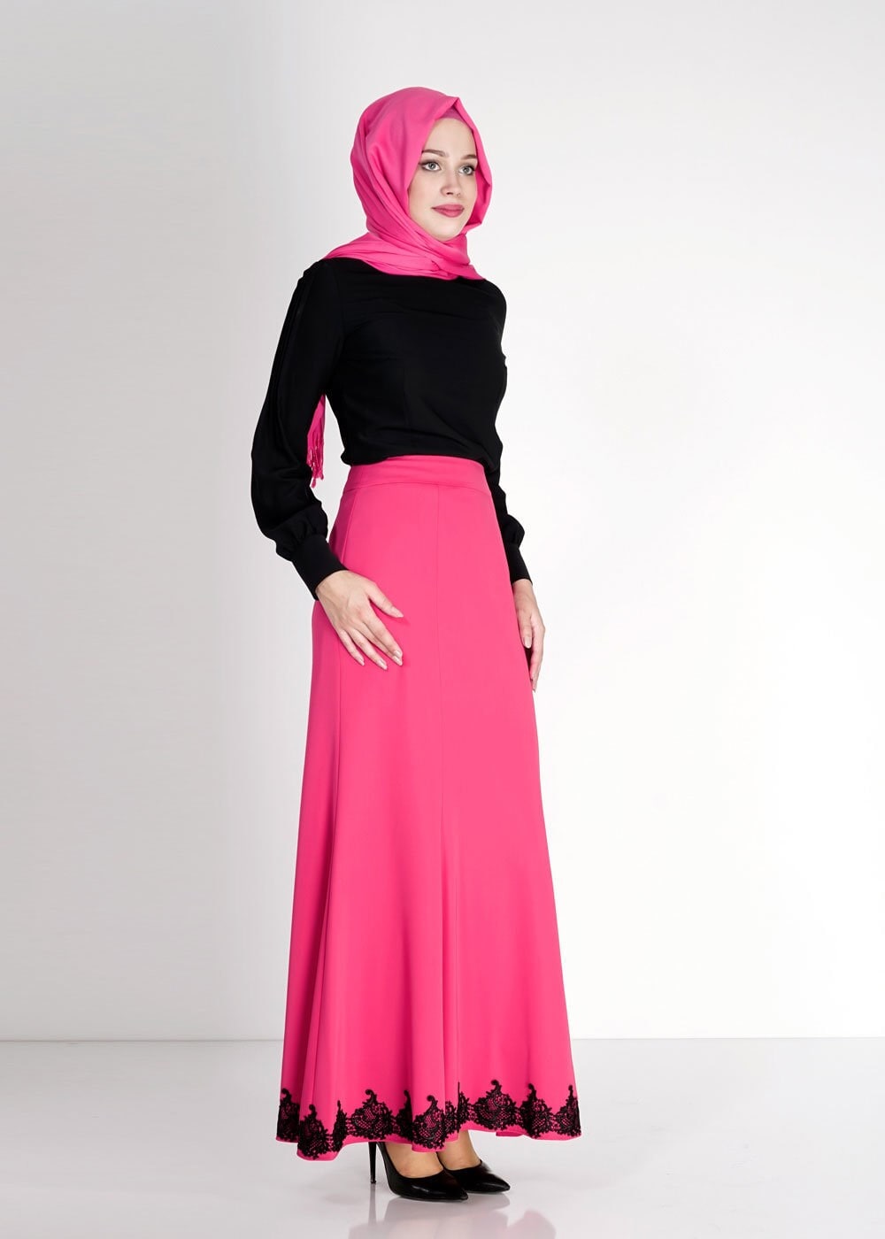 Tesettür giyim FUŞYA ETEK UCU İŞLEME DETAYLI ETEK 6702